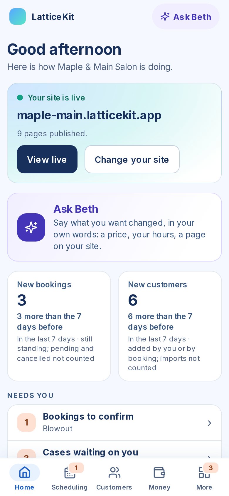 LatticeKit on a phone for Maple & Main Salon: the live site, an Ask Beth card, new bookings and new customers this week, and the bookings waiting to be confirmed.